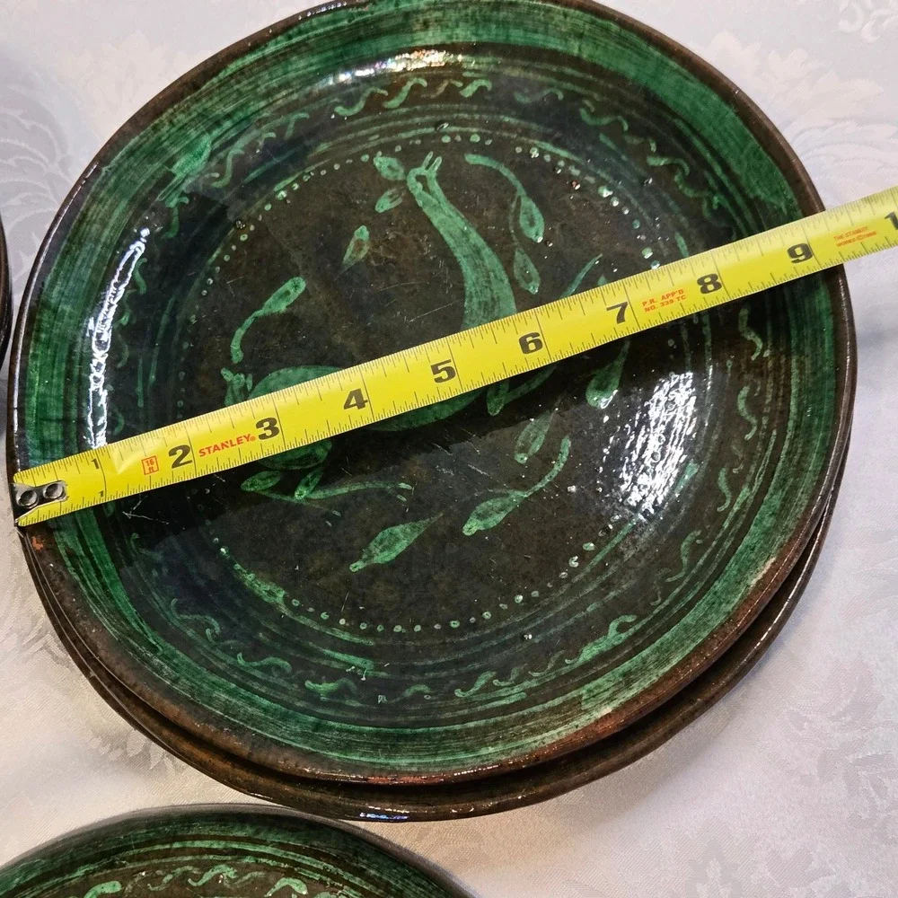 Vintage Tatamban Michoacan Mexico Pottery 8pc Set Green Bird Animal Plates Bowls